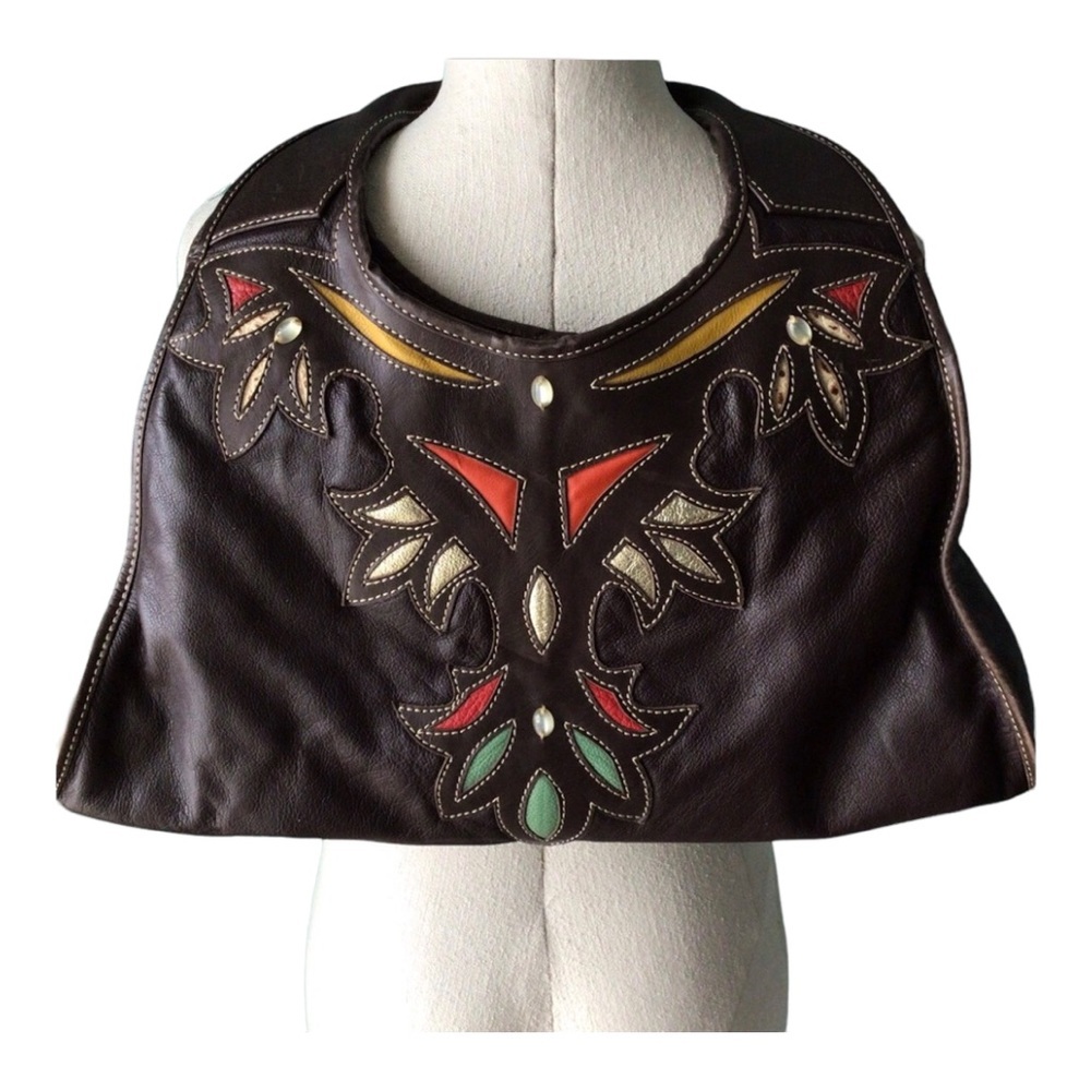 Elisa Atheniense Dark Brown Embroidered Leather Bag